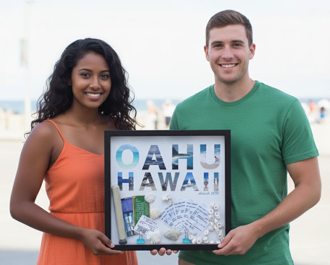 Couple at beach holding black shadowbox picture frame with Oahu Hawaii vacation memories featuring location typography overlaid photos seashells lei flowers and travel tickets demonstrating custom shadow box for tropical vacation keepsakes Hawaiian travel memories island souvenirs honeymoon displays destination memory frames and dimensional travel shadowbox pictures