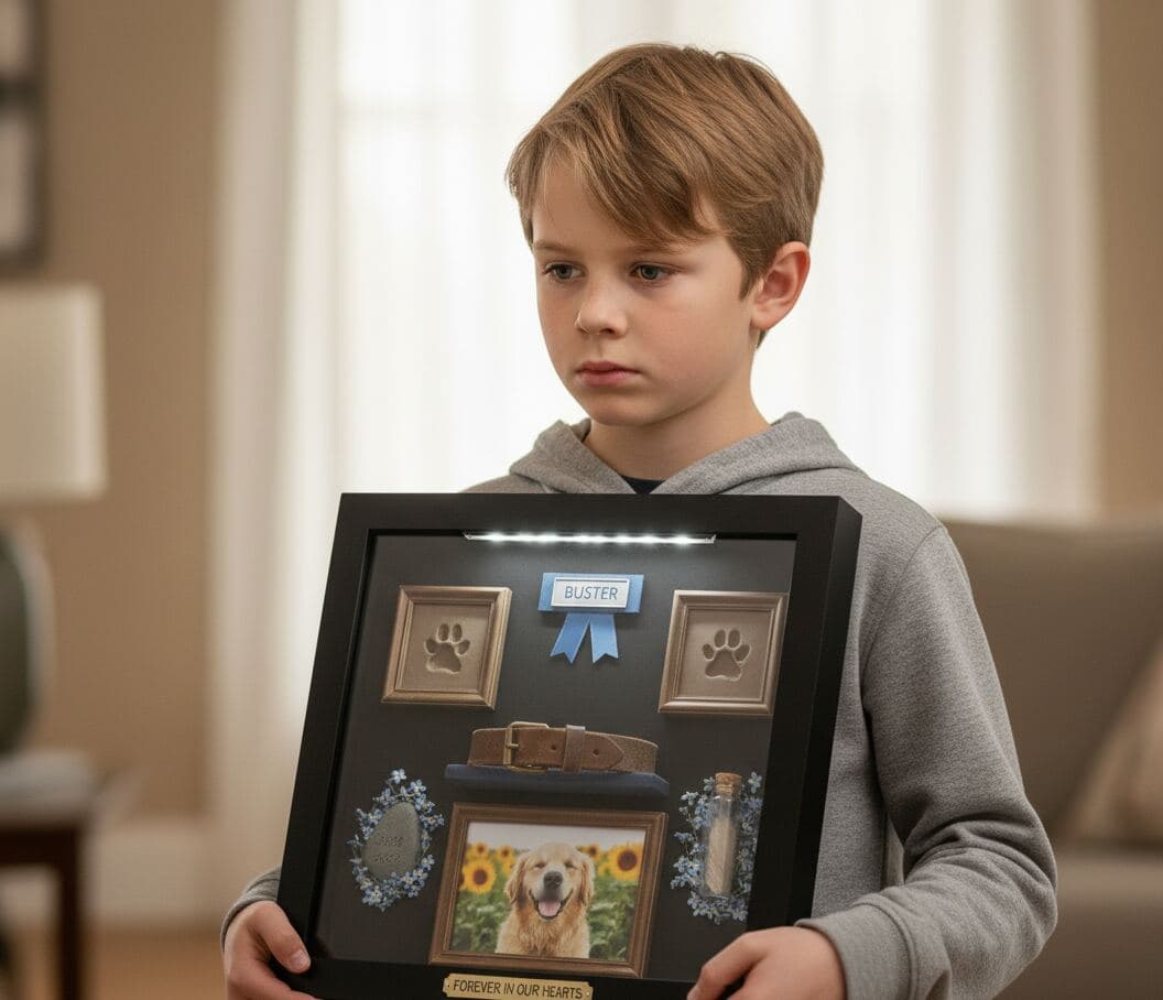 Boy holding black pet memorial shadowbox frame containing golden retriever photo with collar name tag paw print molds and Forever In Our Hearts plaque demonstrating custom shadow box for pet memorials dog remembrance keepsakes beloved pet tributes animal memory frames rainbow bridge displays and sentimental three-dimensional pet picture frames
