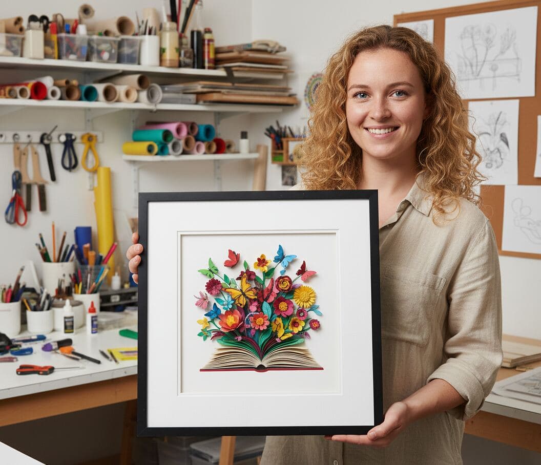 Woman artist in craft studio holding black shadowbox picture frame with dimensional layered paper art featuring vibrant flowers and butterflies emerging from open book demonstrating custom shadow box for book art dimensional paper sculptures literary-inspired shadow boxes artistic book displays library decor and three-dimensional storybook picture frames