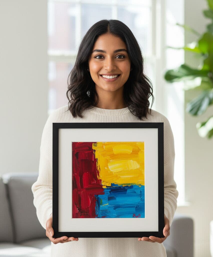 Person holding Black Picture frame with vibrant abstract painting featuring bold red yellow and blue brushstrokes showcasing sleek black finish for contemporary art