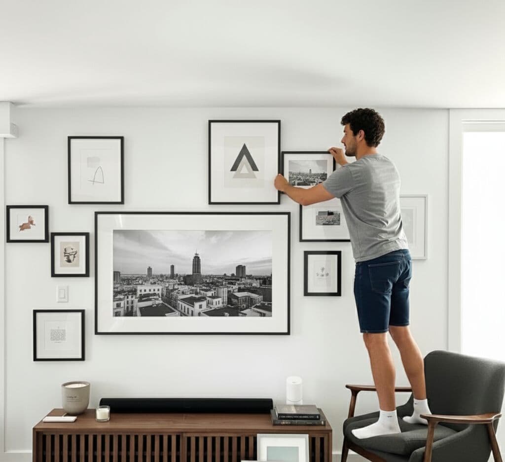 Man arranging Black Picture frames in modern gallery wall with black and white cityscape photography and geometric abstract prints demonstrating minimalist styling