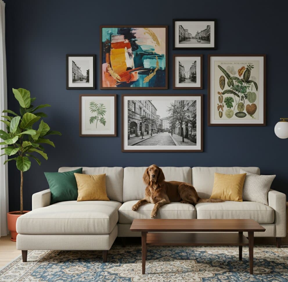 Woman in pink dress admiring modern gallery wall of Black Picture frames displaying family photos greenery prints and panoramic beach sunset on dark blue walls above beige sofa with dog