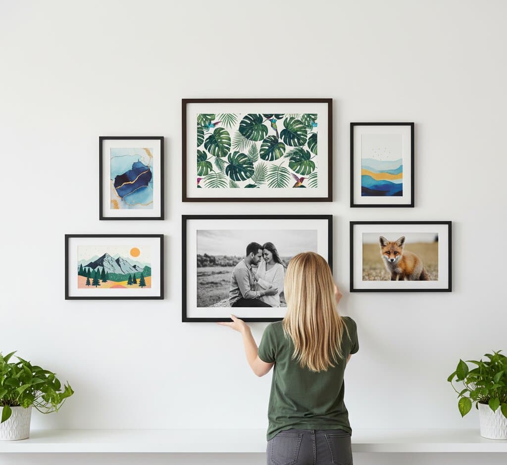 Woman arranging Black Picture frames in modern gallery wall featuring family portrait botanical monstera leaf print abstract watercolor and fox photography on white minimalist wall