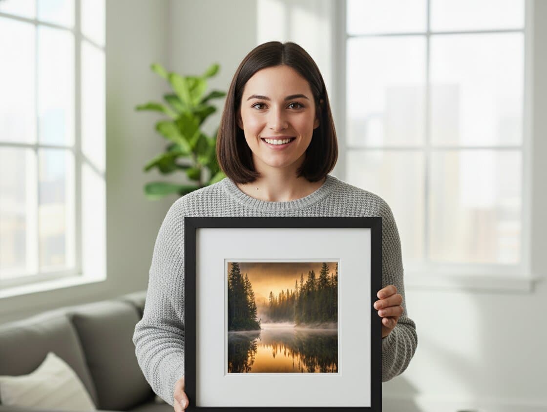 Smiling woman holding Black Picture frame with warm sunrise photograph of forest lake in sunlit living room interior demonstrating elegant black finish for nature photography