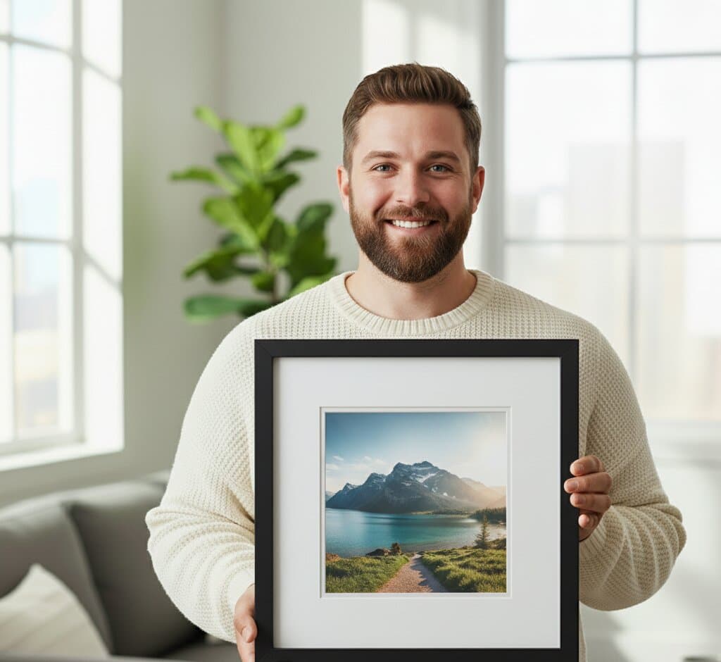 Man with beard holding Black Picture frame displaying mountain lake landscape photograph in bright modern living room showcasing contemporary minimalist styling