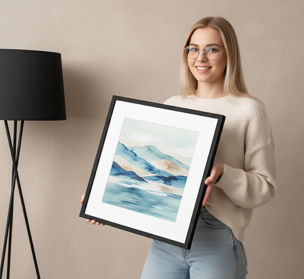 Smiling woman in glasses holding Black Picture frame with watercolor mountain landscape featuring blue tones demonstrating sleek modern black finish for contemporary art