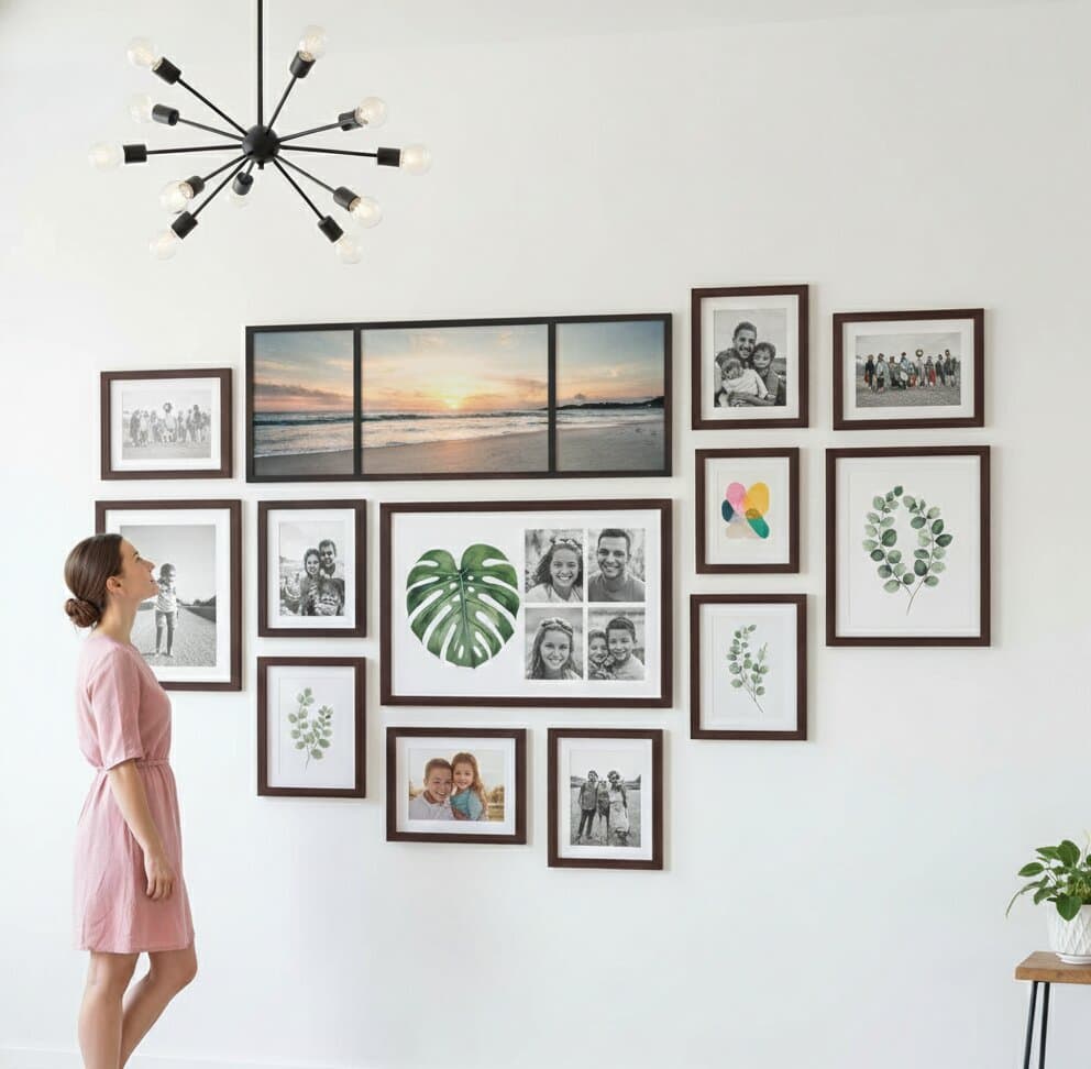 Close-up of Black Picture frame holding abstract watercolor art print in green blue and purple tones on white wall with sunlit shadows showcasing minimalist modern styling