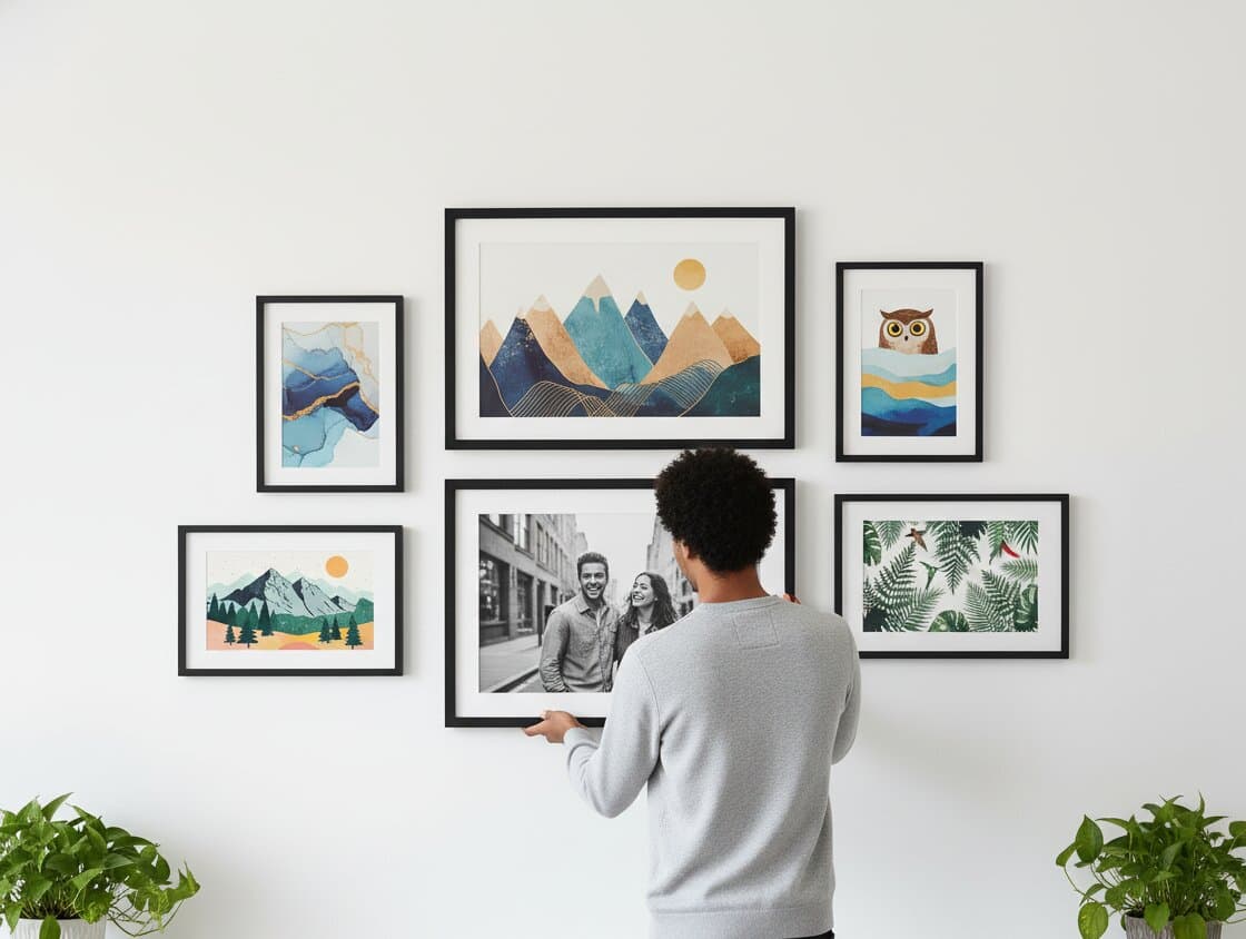 Bearded man in plaid shirt pointing to winter landscape painting of cabin in snow framed in Black Picture Frame hung in cozy room with armchair showcasing traditional artwork styling