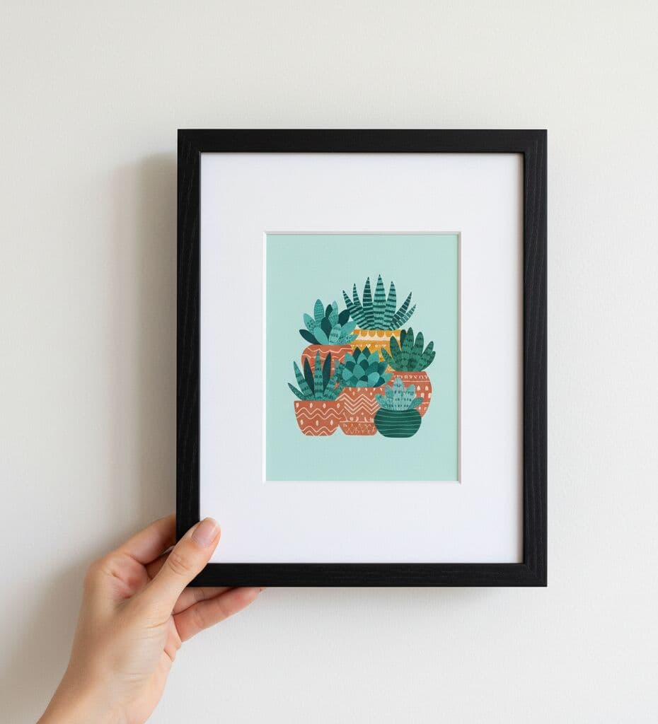 Hand holding Black Picture frame with illustrated succulent plants on mint background demonstrating clean minimalist styling for botanical illustrations