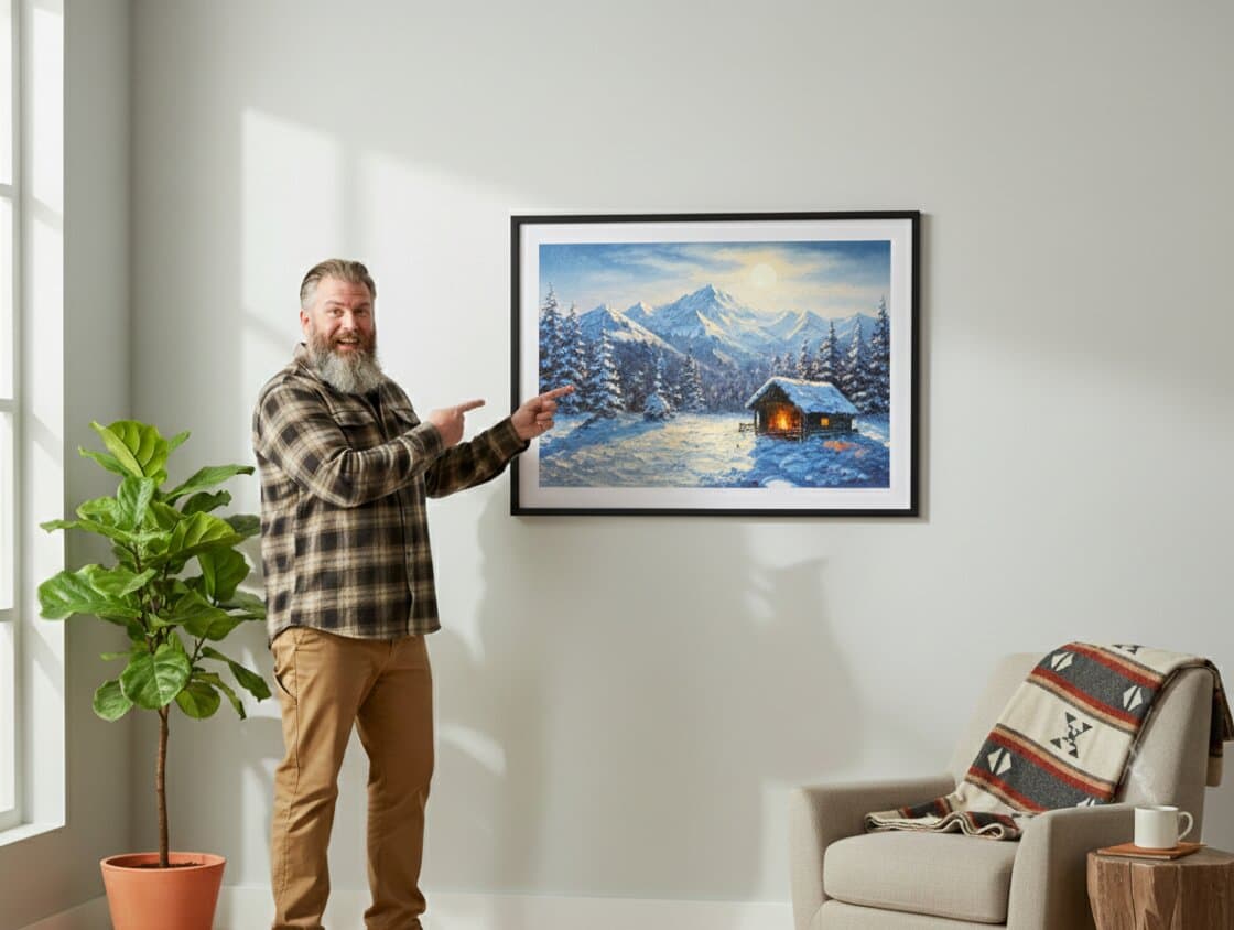 Man arranging Black Picture Frame gallery wall featuring modern mountain artwork greenery botanical prints and black-and-white photography on white minimalist wall demonstrating versatile contemporary styling