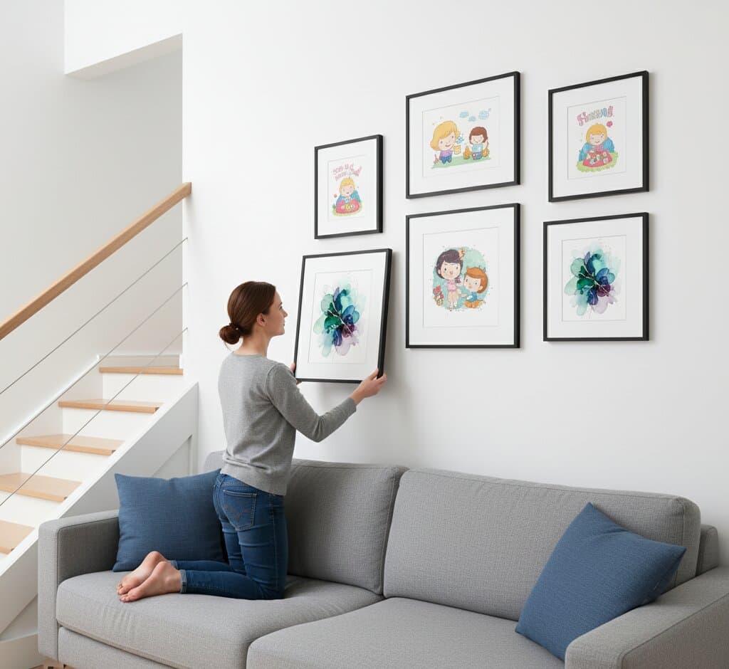 Living room with dark blue walls featuring Black Picture Frame gallery wall displaying abstract botanical and architectural artwork above beige sofa with dog showcasing sophisticated modern interior styling
