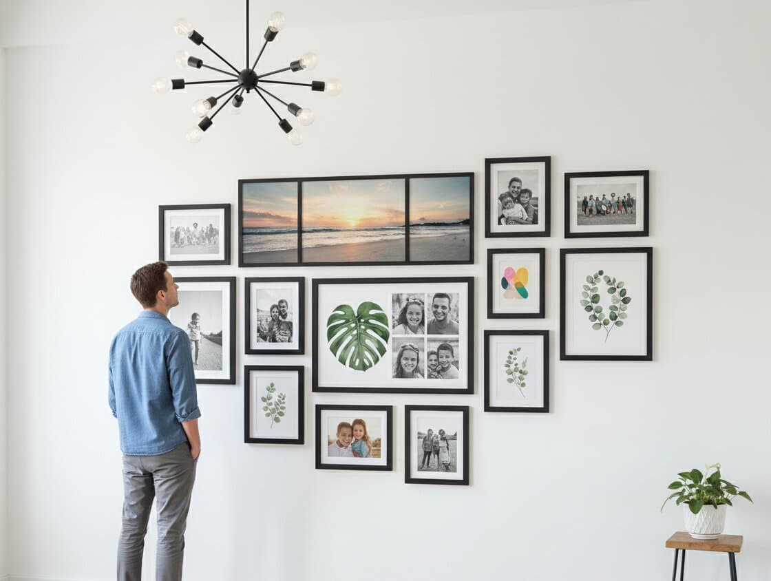 Woman arranging modern wall collage of Black Picture frames featuring botanical mountain and animal artwork in bright minimalist room demonstrating versatile gallery wall styling