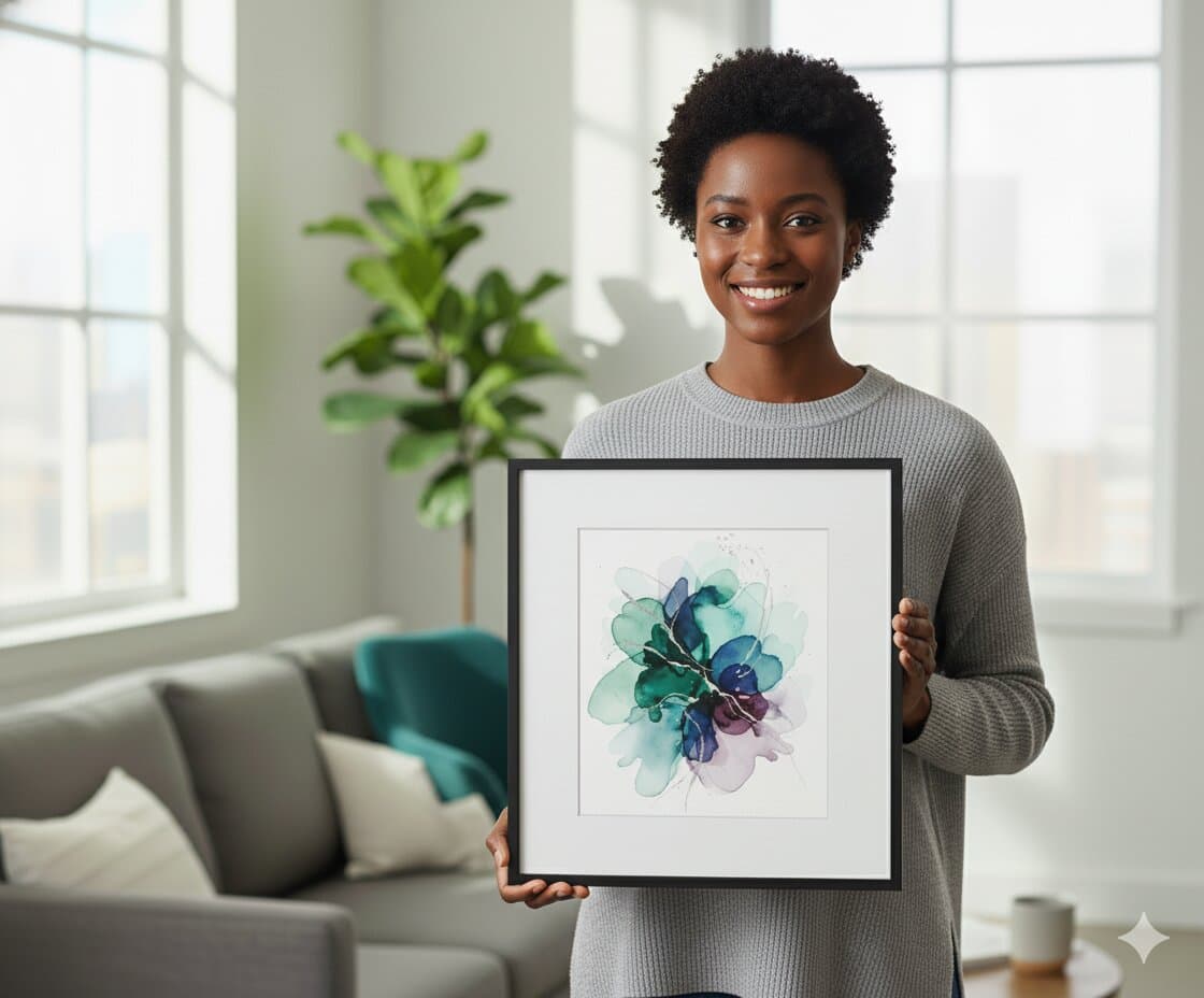 Smiling woman in a gray sweater holds a black picture frame with a modern watercolor abstract artwork in teal, blue, and purple tones, standing in a bright living room with natural light and contemporary décor