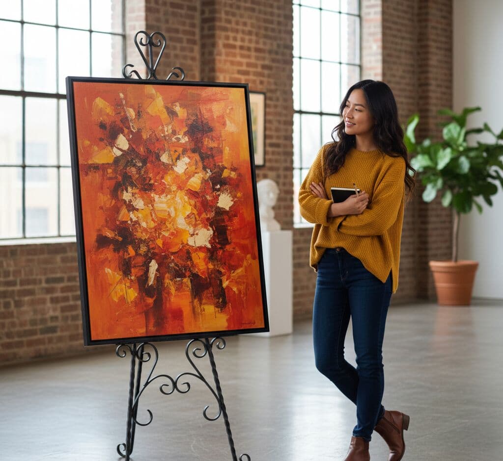 Woman in mustard yellow sweater holding coffee examining large Black Picture Frame on decorative easel displaying vibrant abstract expressionist painting with fiery orange, red, and golden yellow brushstrokes in industrial loft art studio with exposed brick walls, floor-to-ceiling windows, and potted plants demonstrating bold contemporary framing for warm-toned abstract artwork and modern industrial interior styling