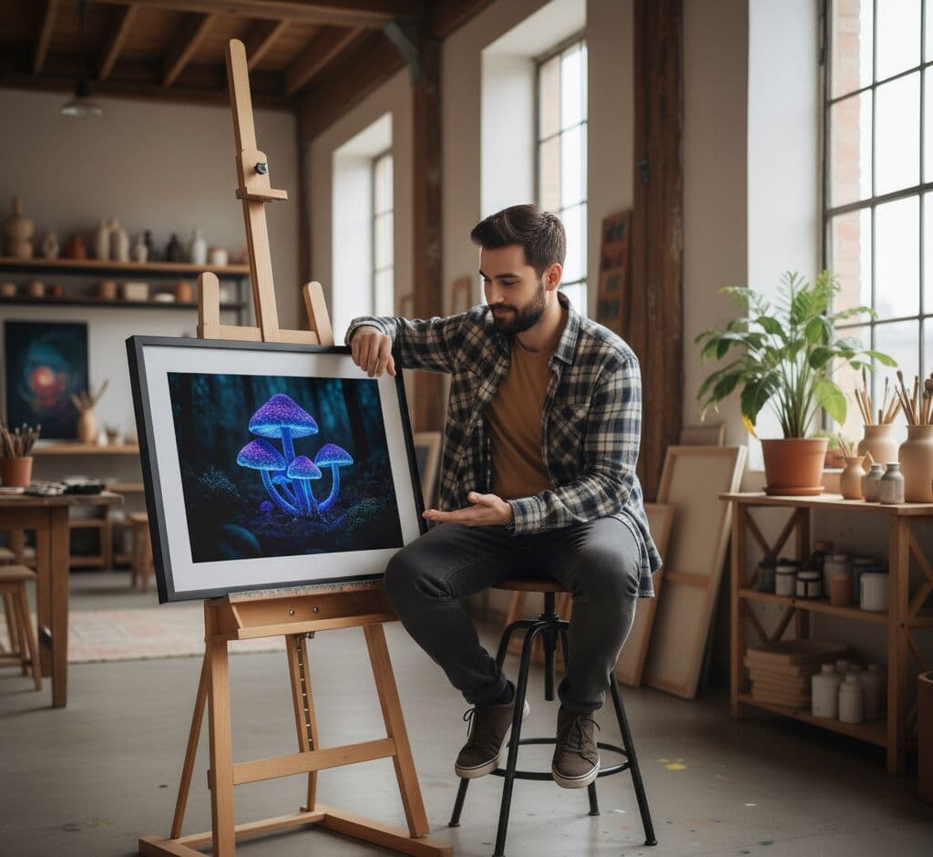 Bearded male artist in plaid flannel shirt examining Black Picture Frame on wooden easel displaying luminous purple and blue bioluminescent mushroom nature photography in rustic art studio with exposed wood beams, natural window light, art supplies, and potted plants demonstrating sleek black framing for fantasy nature photography and artistic studio environments