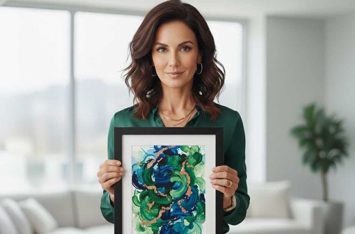 Professional woman in emerald green blouse with gold jewelry holding Black Picture Frame displaying vibrant emerald, teal, and navy blue abstract swirl painting with gold metallic accents in bright modern high-rise office with floor-to-ceiling windows, city skyline views, and contemporary furnishings demonstrating sophisticated black framing for fluid art and executive professional spaces