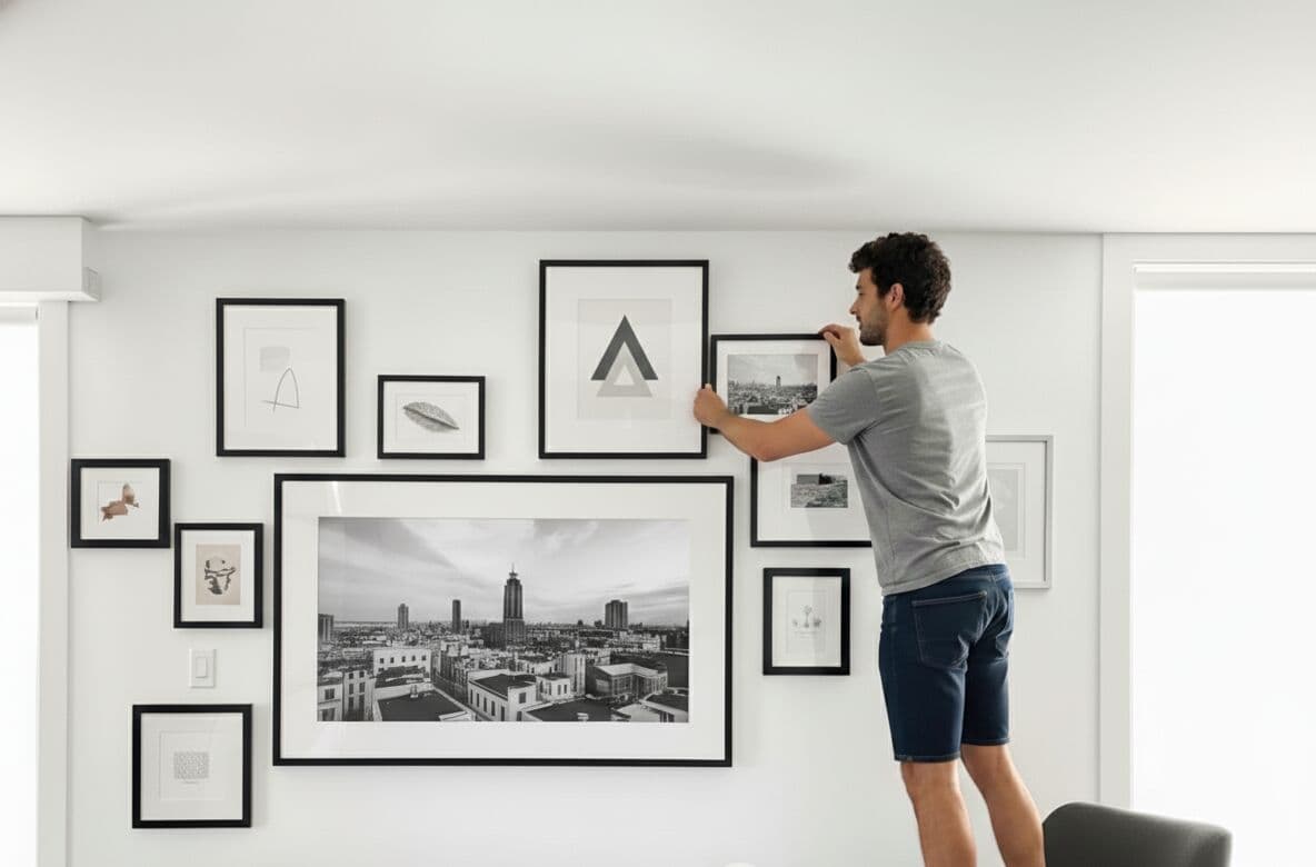 Man in gray t-shirt arranging sophisticated asymmetric gallery wall of Black Picture Frame featuring large black and white urban cityscape photograph as centerpiece surrounded by minimalist geometric triangle art, feather illustration, continuous line drawings, and small scenic photographs on crisp white wall in bright contemporary living room demonstrating modern monochrome gallery wall styling with sleek black frames
