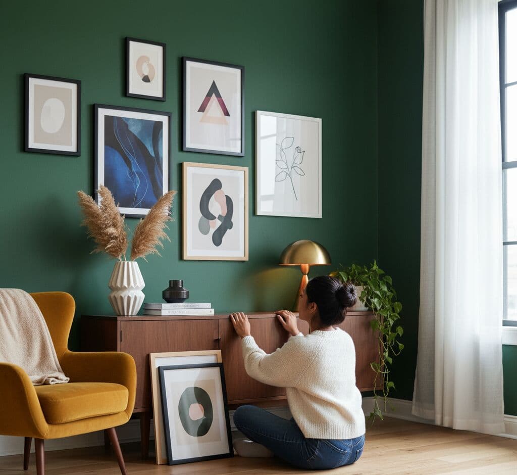 Woman kneeling on floor arranging eclectic gallery wall mixing Black Picture Frame and natural wood frames featuring abstract blue fluid art, minimalist geometric shapes in beige and charcoal, continuous line botanical drawing, and organic abstract forms on dramatic emerald green accent wall above walnut mid-century credenza with gold dome lamp, pampas grass, books, and trailing ivy plant in sophisticated modern living room demonstrating mixed frame styling for contemporary abstract art collections