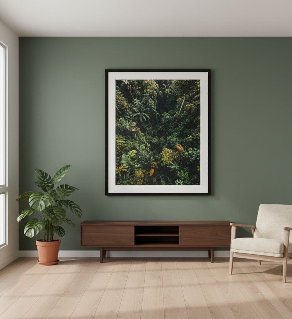 Gallery wall with custom-framed botanical, abstract, and photo prints in a bright living room
