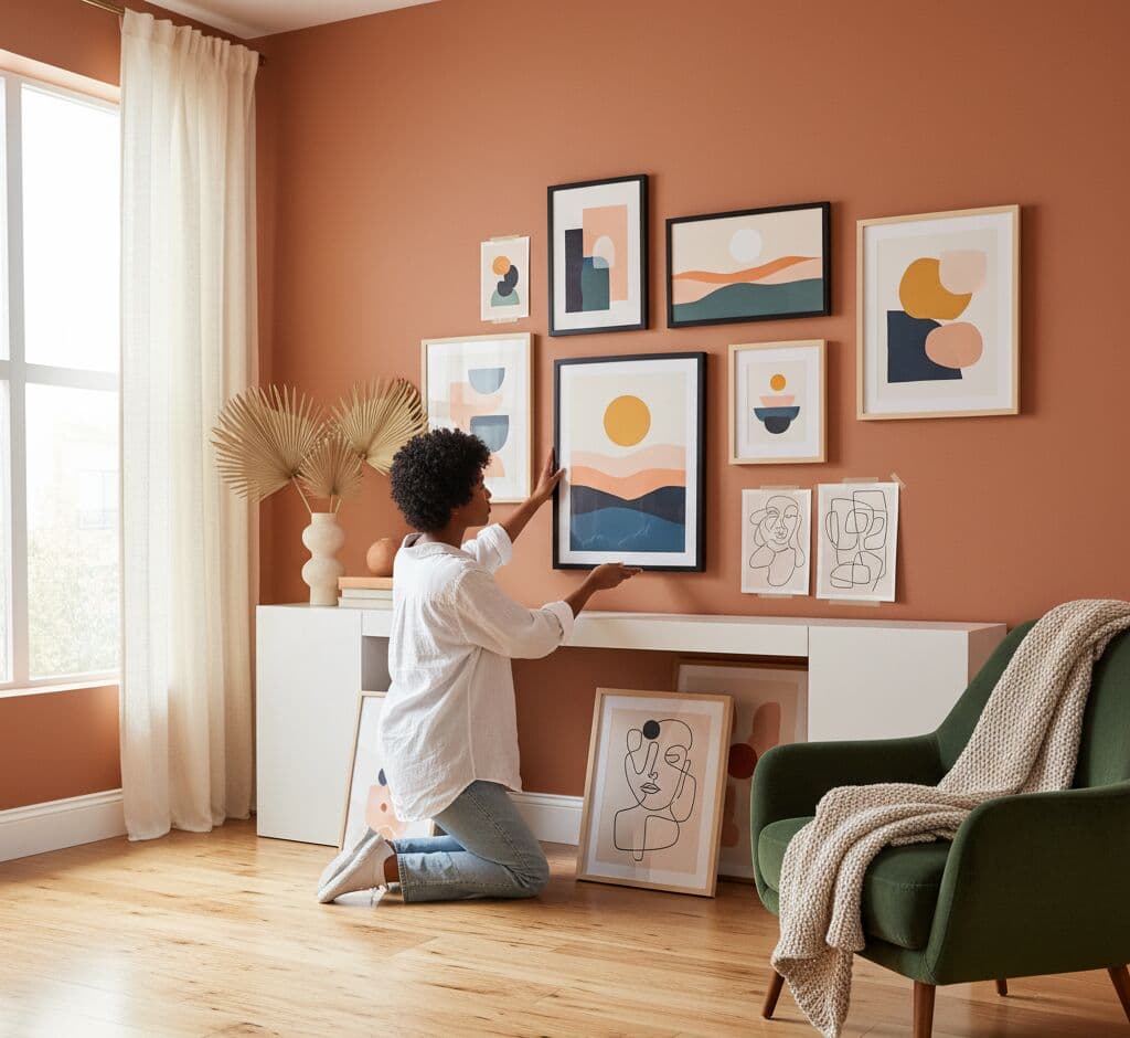 Woman kneeling arranging warm-toned gallery wall mixing Black Picture Frame and natural wood frames featuring geometric abstract art with layered sunset landscapes in coral, navy, and mustard, minimalist circle and half-moon shapes in terracotta and charcoal, continuous line portrait drawings on warm terracotta pink wall above white floating console with dried palm fan, table lamp, and potted ivy in cozy bohemian living room with green velvet armchair demonstrating mixed frame styling for warm abstract geometric art