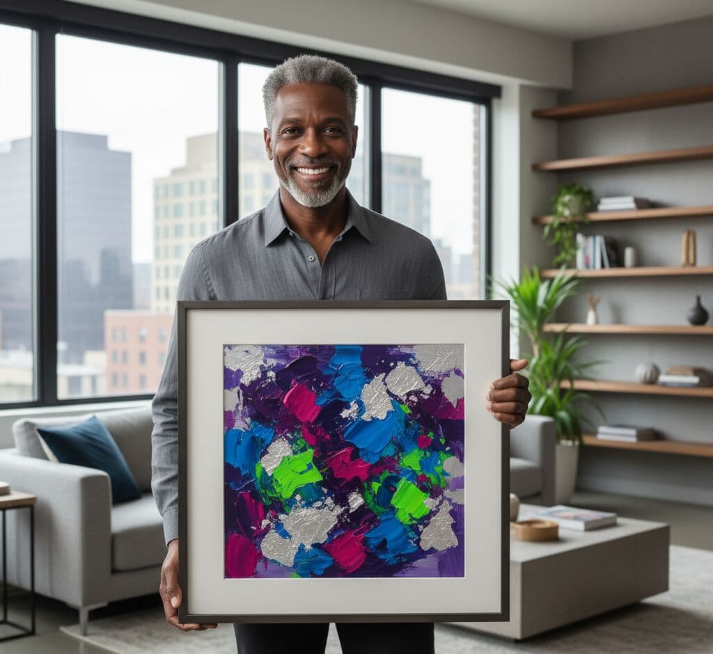 Smiling senior professional man with silver hair in charcoal button-down shirt holding large Black Picture Frame displaying vibrant abstract expressionist painting with explosive purple, magenta, cobalt blue, lime green, and silver metallic brushstrokes in modern high-rise office with floor-to-ceiling windows, city skyline views, gray sofa, and floating wood shelves with books and plants demonstrating sophisticated black framing for bold contemporary abstract art in professional executive spaces