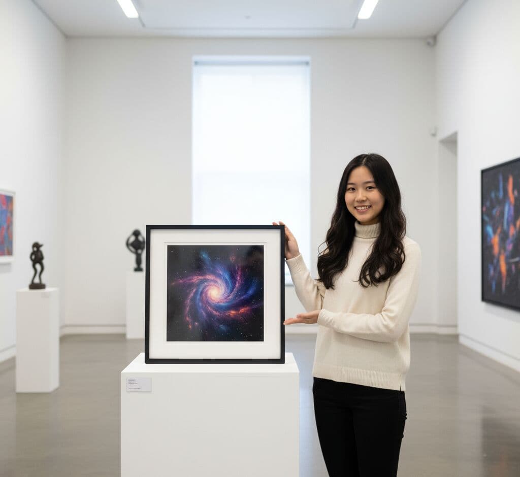 Smiling woman with long dark hair in cream turtleneck sweater presenting Black Picture Frame with white mat displaying spectacular spiral galaxy space art photograph with swirling purple, magenta, and blue cosmic clouds and stars in modern minimalist art gallery with white walls, contemporary sculptures on pedestals, and dramatic directional lighting demonstrating sleek black framing for astronomy photography and science art in museum gallery settings