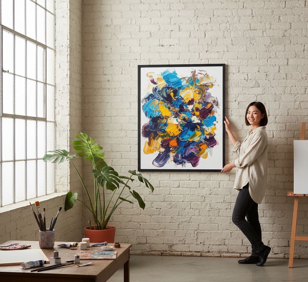 Artist presenting large Black Picture frame with vibrant abstract expressionist painting in bright studio space showcasing professional gallery-quality framing