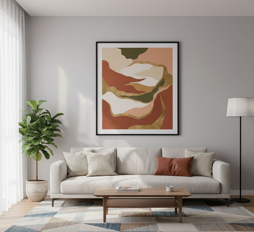 Black Picture frame with abstract geometric art in terracotta gold and green tones displayed in modern living room with neutral palette and contemporary furniture