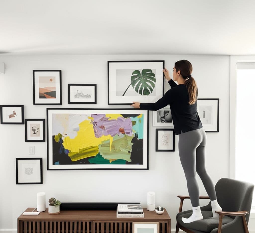 Person arranging Black Picture frames in eclectic gallery wall featuring abstract art botanical monstera leaf cityscape and line drawings on white wall