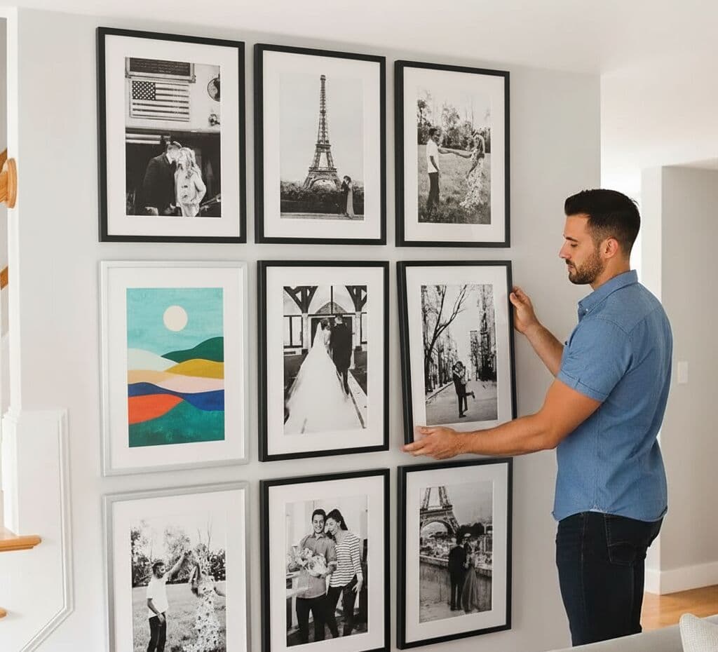 Man arranging Black Picture frames in gallery wall featuring black and white Paris photography wedding memories and colorful abstract landscape prints