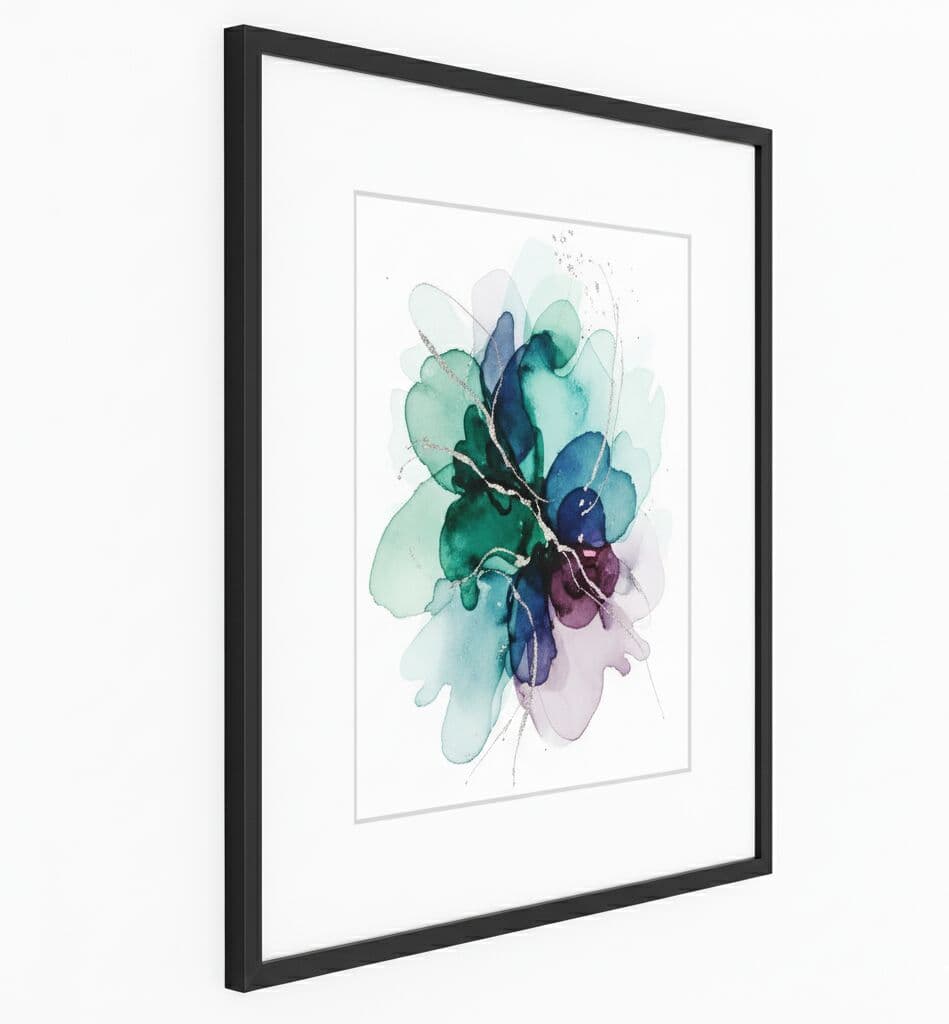 Black Picture frame angled view displaying delicate watercolor floral artwork with teal blue and purple petals showcasing elegant contemporary styling