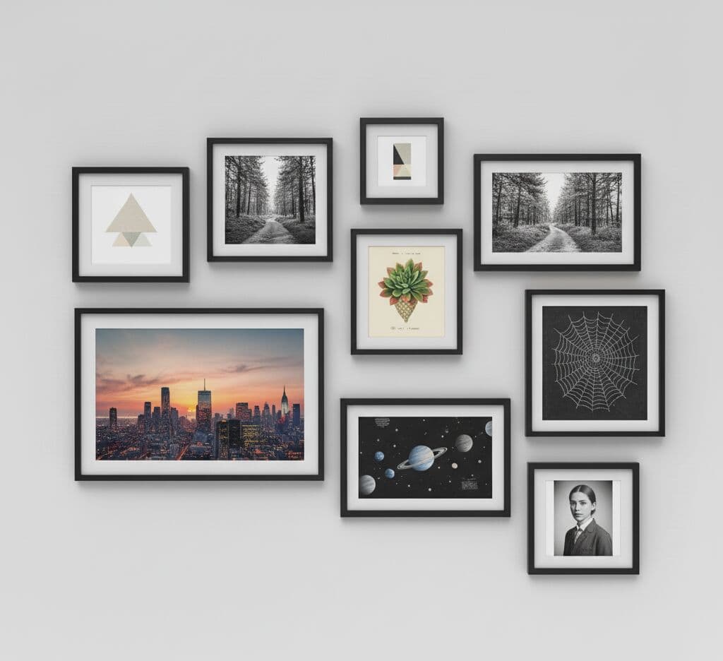 Black Picture frames in diverse gallery wall arrangement featuring cityscape photography geometric art botanical prints space illustration and vintage portrait