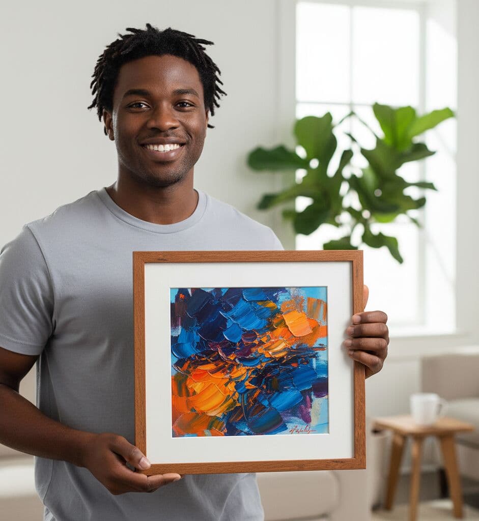 Person holding Oak Picture frame with vibrant abstract painting featuring bold blue and orange brushstrokes showcasing warm wood finish for contemporary art