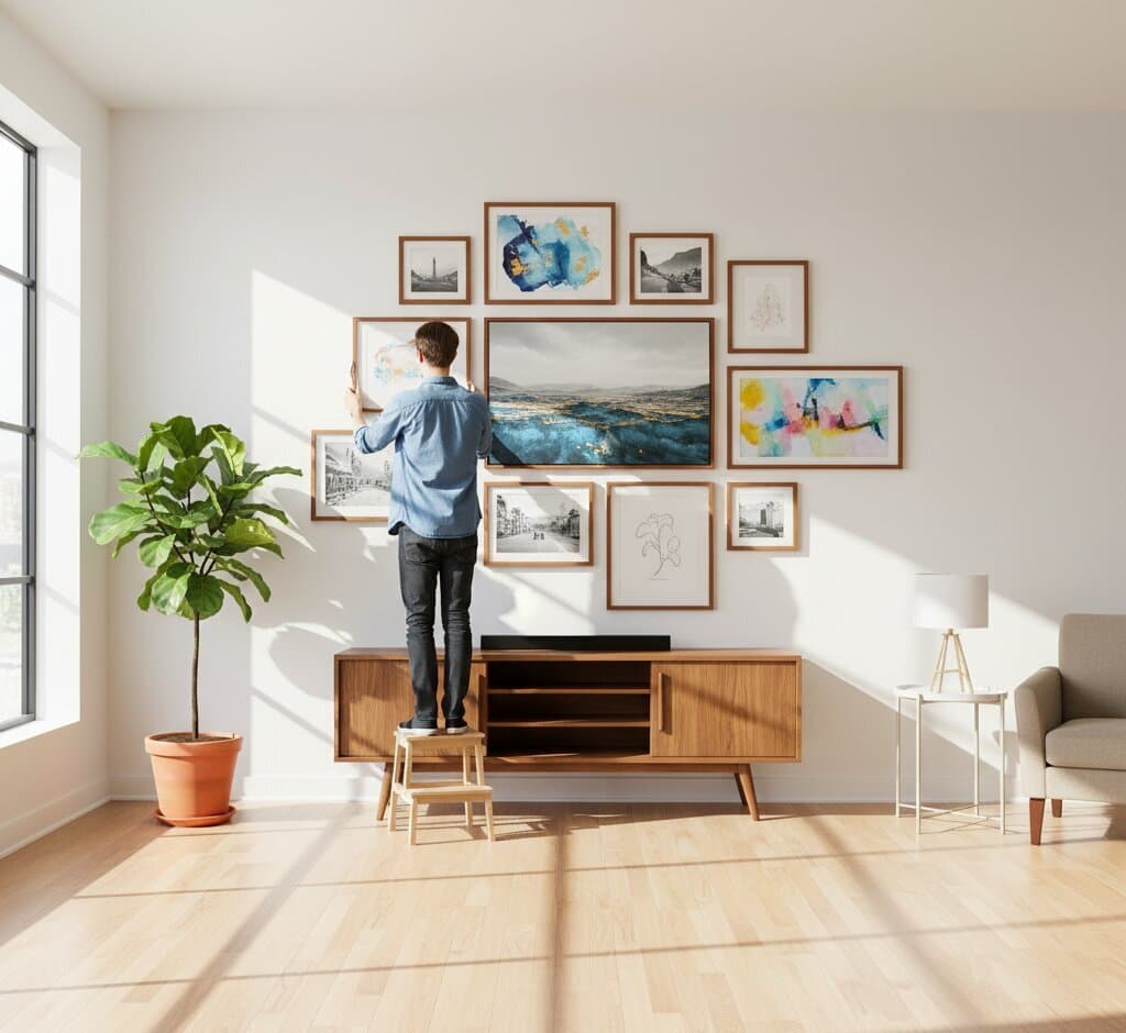 Man standing on wooden step stool arranging expansive gallery wall of twelve Oak Picture Frame featuring dramatic ocean wave landscape painting as centerpiece, vintage black and white cityscape photographs, delicate watercolor floral botanical prints, minimalist figure line drawing, and vibrant rainbow geometric abstract art above mid-century modern media console with fiddle leaf fig plant in bright contemporary living room with dramatic window light