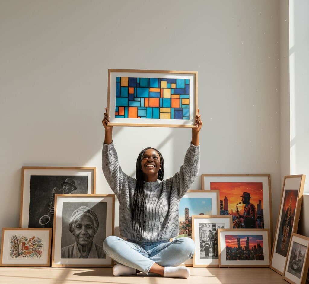 Smiling woman in gray cable-knit sweater sitting cross-legged on floor holds Oak Picture Frame displaying vibrant geometric mosaic art in turquoise, navy, orange, and golden yellow blocks surrounded by diverse art collection including monochrome portrait photography, vintage cityscape posters, watercolor illustrations, and botanical sketches demonstrating versatile natural wood framing for eclectic gallery collections and contemporary abstract artwork