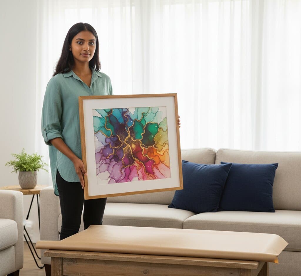 Woman in sage green linen shirt holds large Oak Picture Frame with white mat displaying spectacular alcohol ink abstract art in vivid turquoise, emerald green, deep purple, golden yellow, and magenta with shimmering gold metallic veining in bright minimalist living room with beige sofa and navy pillows demonstrating picture framing for contemporary fluid art with complementary warm wood finish
