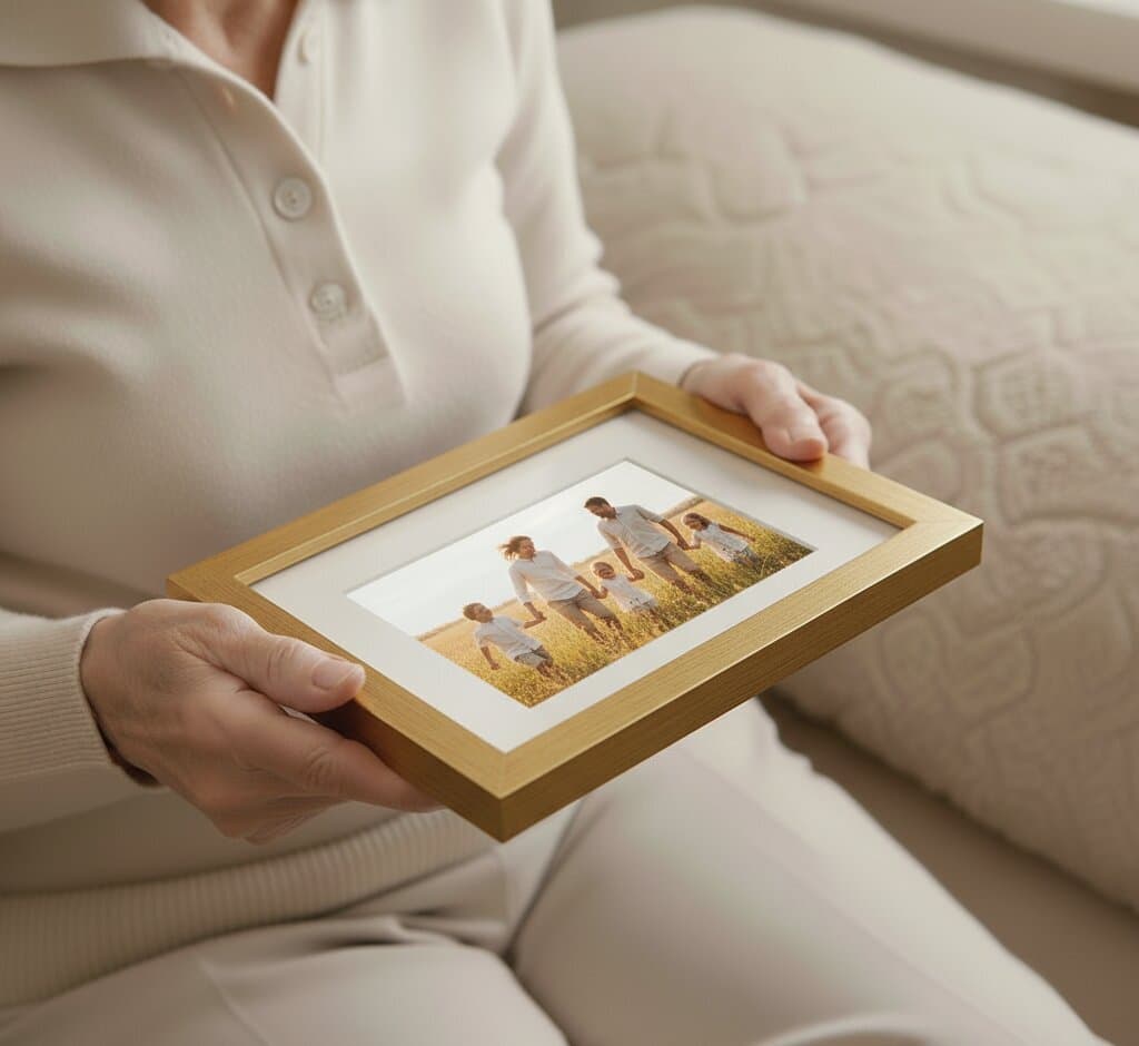 Person in cream sweater holds small Oak Picture Frame with white mat displaying cherished family photograph of parents and children in golden wheat field at sunset in intimate close-up view against soft neutral textured background demonstrating picture framing for precious family memories and personal photography with warm natural wood finish ideal for sentimental keepsakes