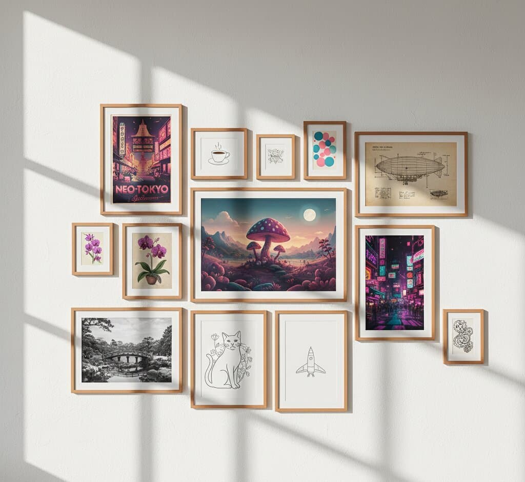Sophisticated asymmetric gallery wall featuring fifteen Oak Picture Frame displaying surreal fantasy mushroom landscape with purple pink sky as centerpiece, vibrant Neo-Tokyo cyberpunk city posters in magenta and teal, delicate purple orchid botanical illustrations, minimalist coffee cup line art, colorful geometric circles, vintage airship technical blueprint, monochrome Japanese garden bridge photograph, whimsical cat among flowers line drawing, and simple rocket illustration in dramatic diagonal window light showcasing versatile warm wood frame styling for eclectic art collections
