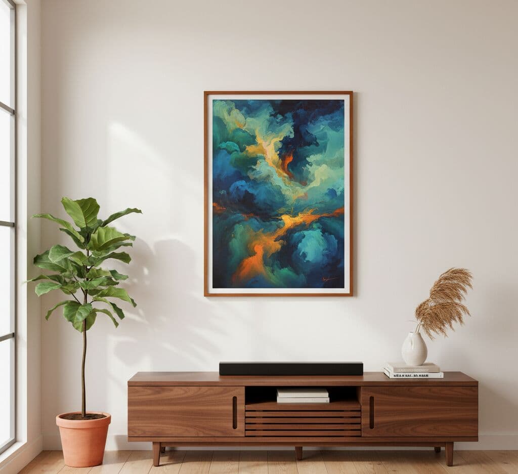 Oak Picture frame displaying dramatic abstract painting with teal blue and orange tones above mid-century modern console in minimalist living room