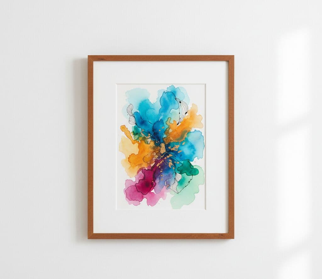 Oak Picture frame on white wall displaying vibrant watercolor abstract art with blue yellow pink and green organic shapes