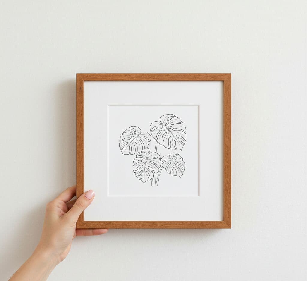 Person arranging Oak Picture frames in gallery wall featuring aerial autumn forest photography as centerpiece with geometric prints and line drawings