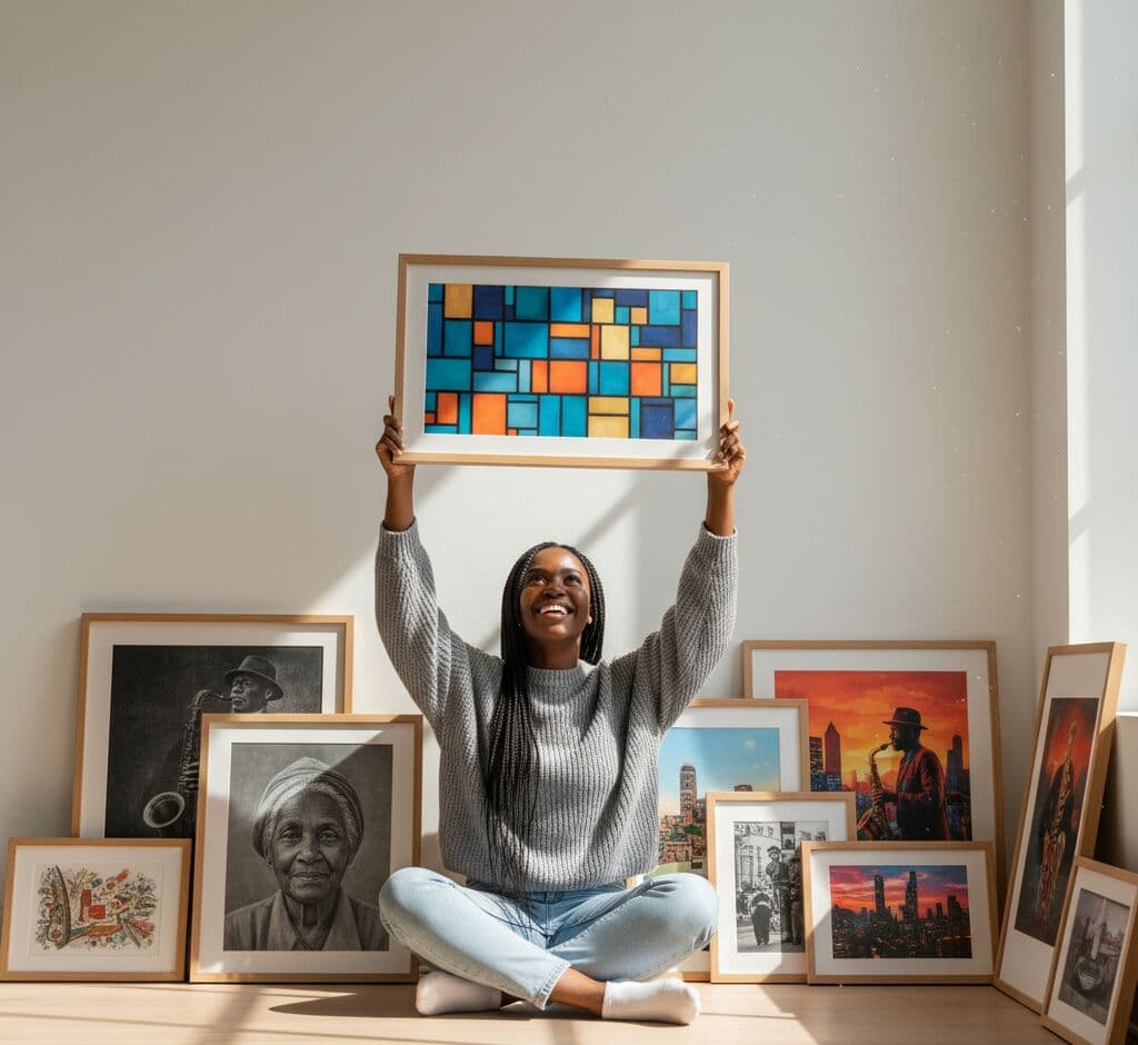 Man arranging Oak Picture frames in vibrant gallery wall featuring colorful vintage posters Paris photography and retro illustrations mixed with white frames