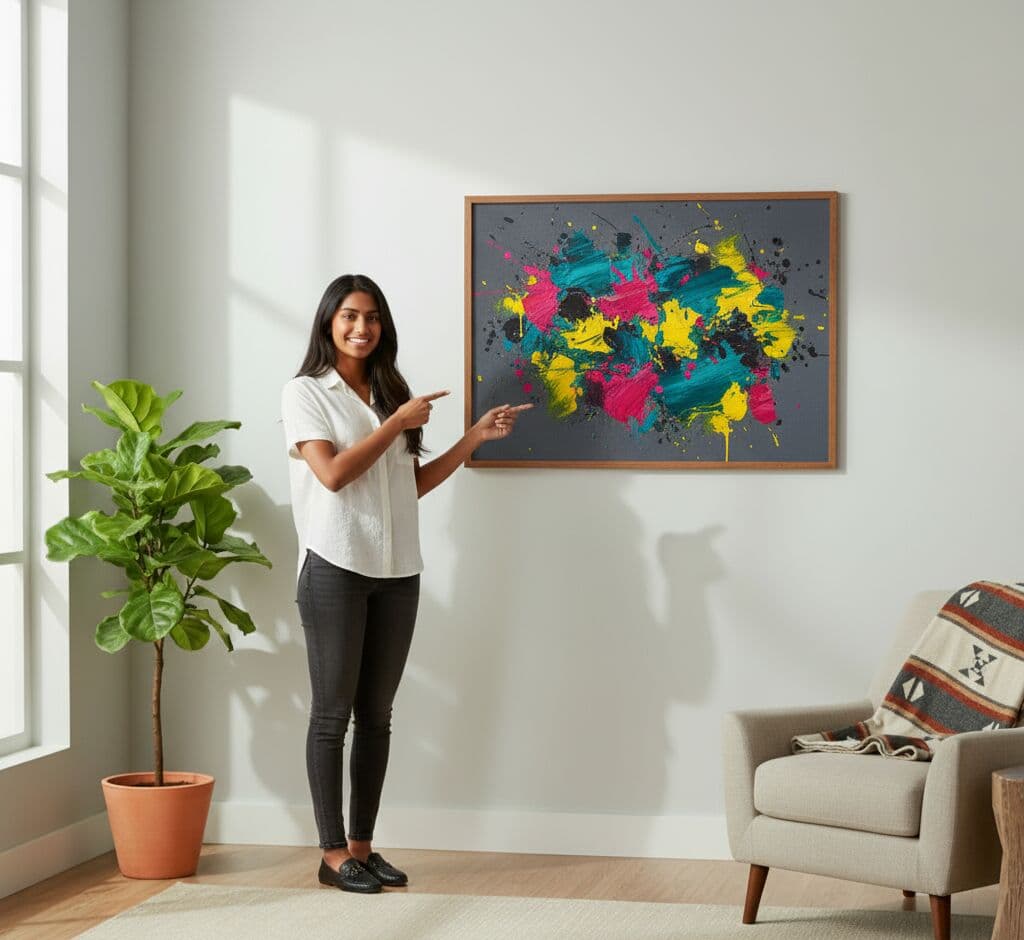 Oak Picture frames in diverse gallery wall arrangement featuring misty forest landscape hummingbird illustration geometric art mushroom botanical and moon phases chart