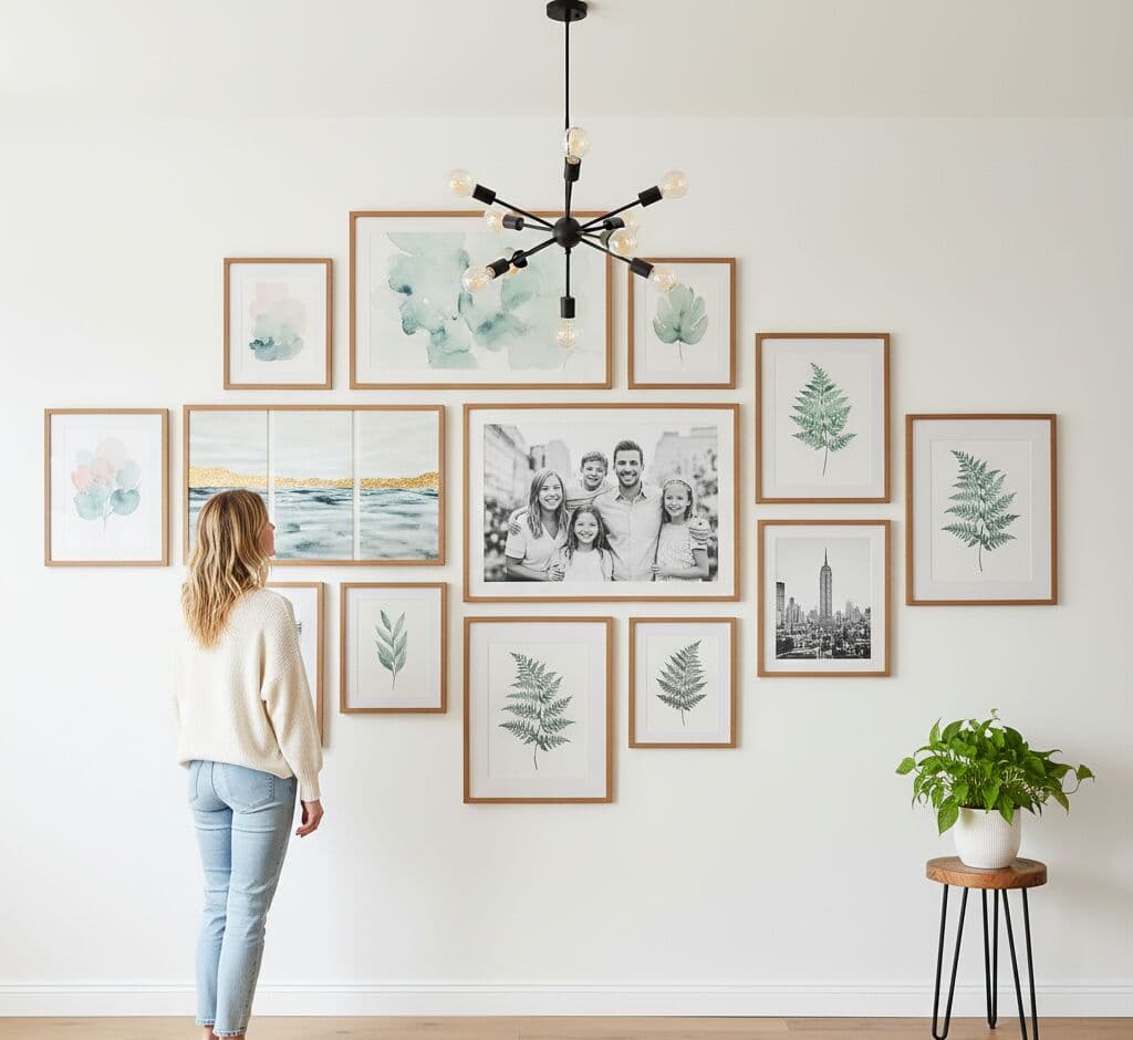Person arranging Oak Picture frames in nature-themed gallery wall with black and white lion portrait tropical jungle botanical prints and landscape photography