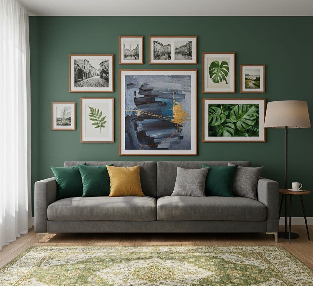 Living room collage wall featuring mixed artwork in Mahogany Picture frames arranged on sage green accent wall creating cohesive gallery display