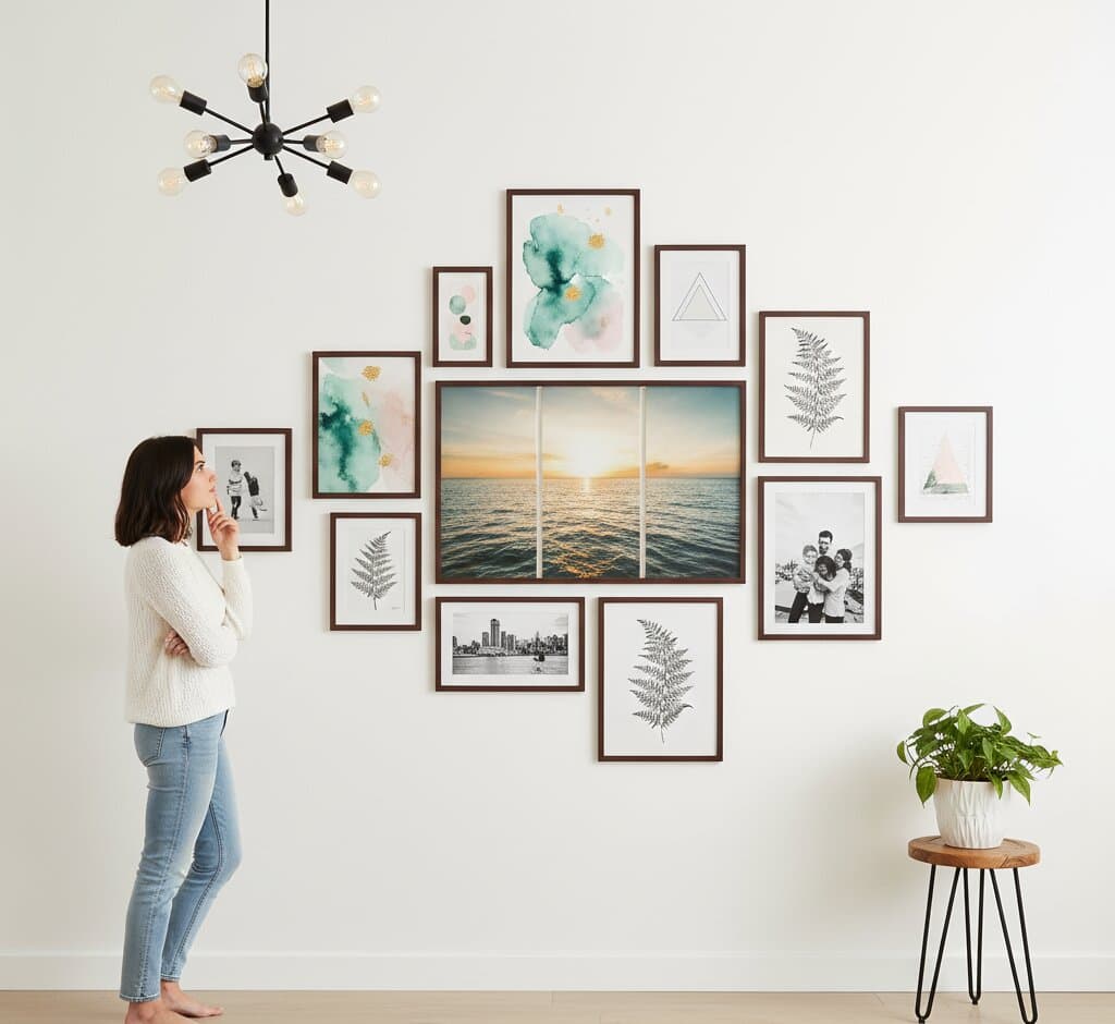 Woman contemplating expansive asymmetric gallery wall of thirteen Mahogany Picture Frame featuring dramatic three-panel ocean sunset triptych centerpiece with golden sun reflecting on turquoise water, delicate watercolor abstract florals with pink and teal blooms, detailed fern botanical illustrations, cherished black and white family portrait photographs, geometric triangle line art, and vintage monochrome cityscape beneath modern black sputnik chandelier with potted plant demonstrating versatile traditional wood framing for mixed media gallery collections