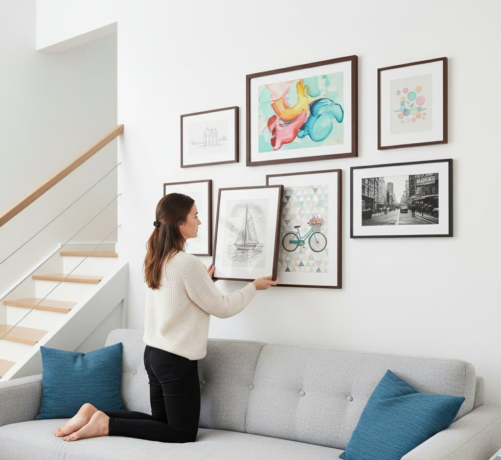 Woman kneeling on gray sofa with teal pillows arranging coordinated gallery wall of seven Mahogany Picture Frame displaying vintage sailboat sketch on water, whimsical bicycle illustration with pastel geometric triangle background, black and white European cityscape photograph, soft watercolor abstract art in coral turquoise and yellow tones, and architectural house line drawing beneath modern white staircase with natural oak railing demonstrating classic wood picture frame styling for eclectic artwork arrangements
