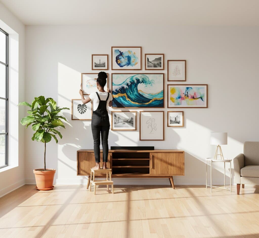 Woman standing on wooden step stool arranging dramatic asymmetric gallery wall of thirteen Mahogany Picture Frame above mid-century modern media console featuring spectacular Great Wave inspired turquoise ocean painting with gold accents as centerpiece, vibrant watercolor fish abstract in blue orange and yellow, vintage black and white European street photography, delicate pencil sketch portraits, colorful geometric sailboat abstract, and botanical line drawings in bright contemporary living room with floor-to-ceiling windows and large fiddle leaf fig plant demonstrating professional gallery wall design with rich espresso wood frames
