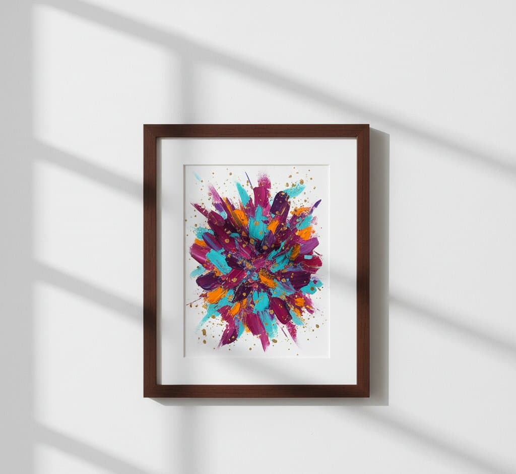 Mahogany Picture Frame with generous white mat displaying explosive abstract expressionist painting featuring radiating magenta, deep purple, vibrant turquoise, and bright orange paint splatters with metallic gold speckles bursting from center on white background in dramatic diagonal shadow lighting against minimalist white wall demonstrating elegant picture framing for contemporary acrylic splatter art with warm espresso wood grain finish