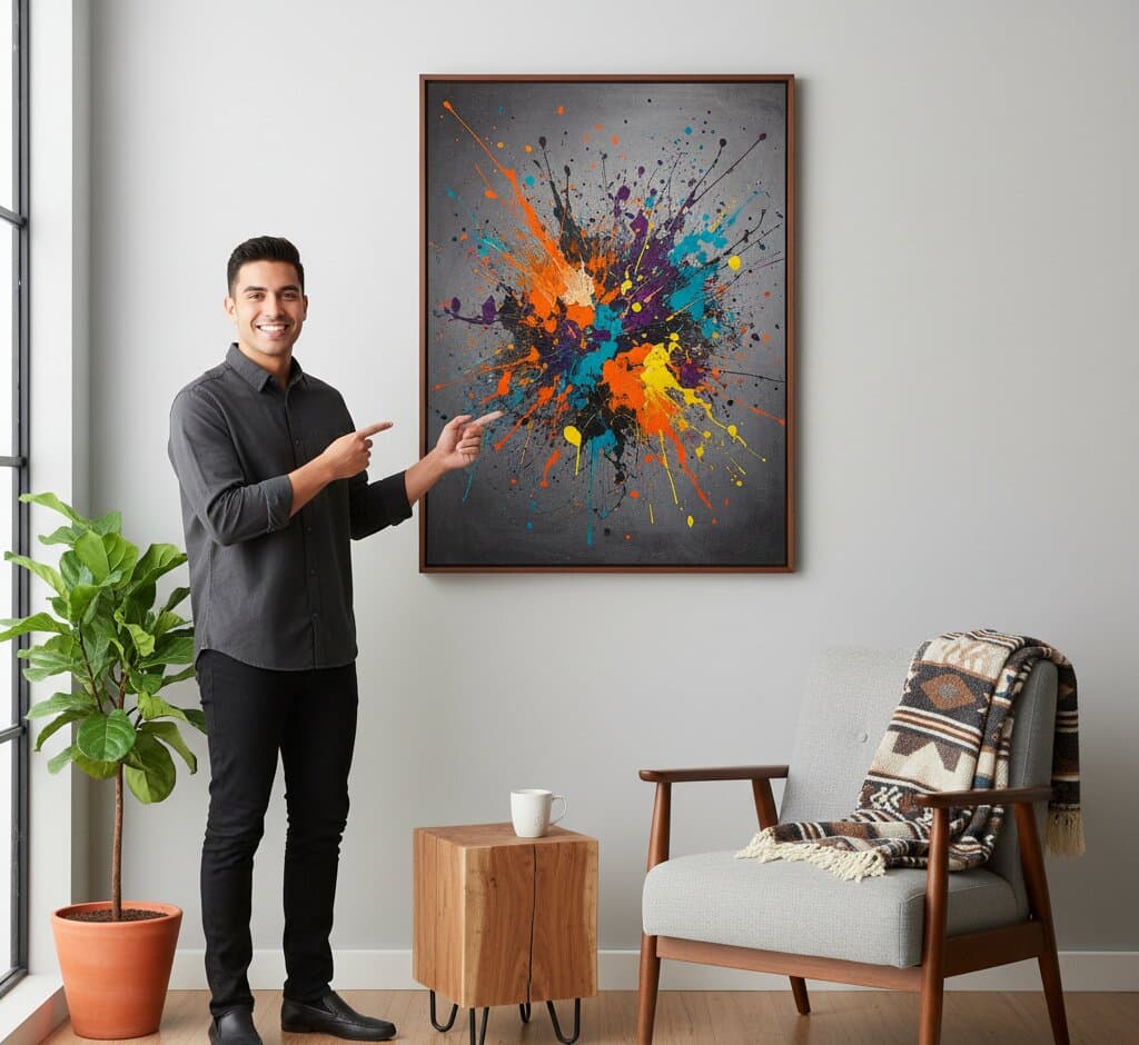 Smiling man in dark charcoal button-down shirt pointing to oversized Mahogany Picture Frame displaying spectacular paint splatter abstract expressionist artwork with explosive orange, vibrant turquoise, deep purple, golden yellow, and navy blue splatters radiating across charcoal gray background above mid-century modern lounge chair with geometric southwestern blanket and natural wood side table with coffee mug beside potted fiddle leaf fig in bright minimalist living room demonstrating bold contemporary art framing with classic espresso wood finish